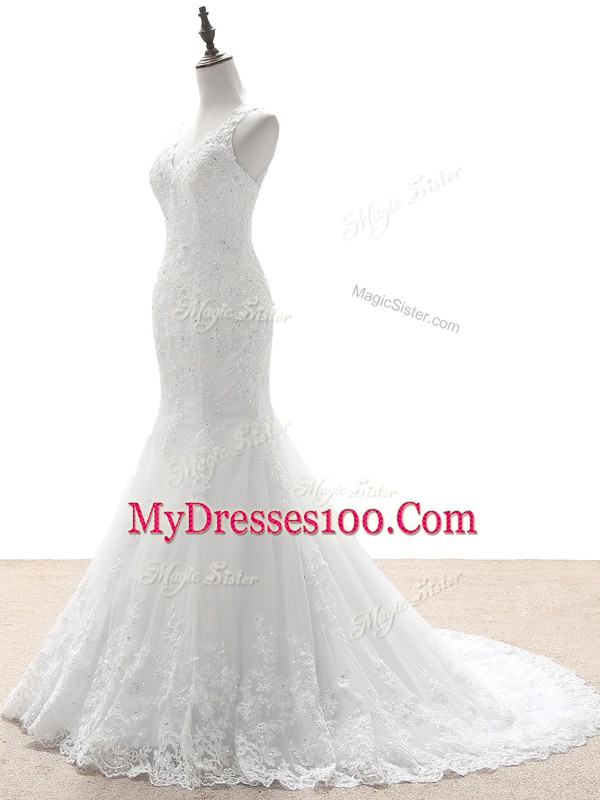 Perfect Sleeveless Brush Train Beading and Lace and Appliques Zipper Wedding Gowns