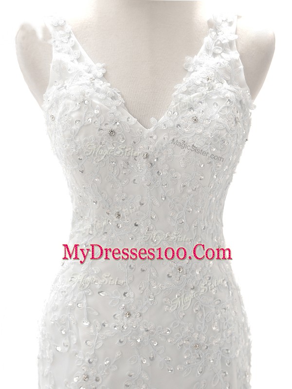 Perfect Sleeveless Brush Train Beading and Lace and Appliques Zipper Wedding Gowns