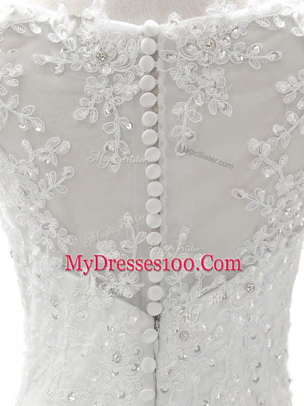 Perfect Sleeveless Brush Train Beading and Lace and Appliques Zipper Wedding Gowns