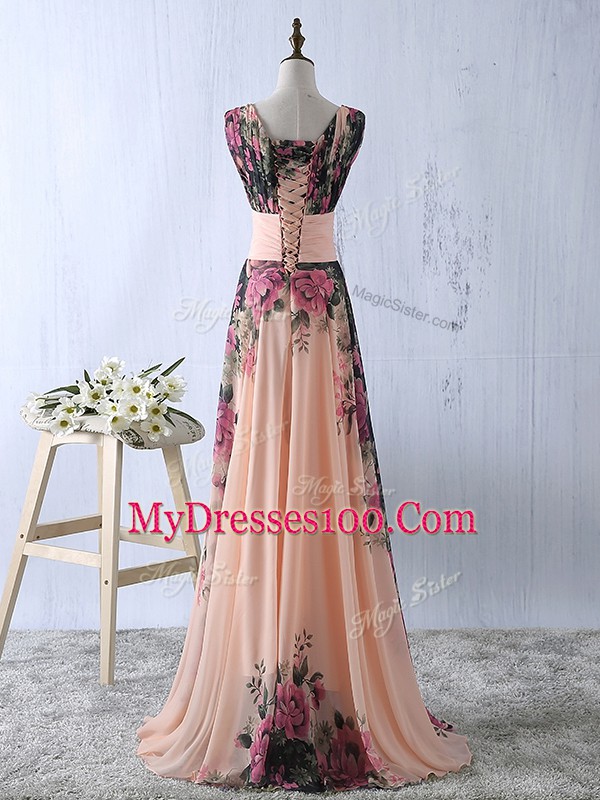 Peach Empire V-neck Sleeveless Printed Floor Length Lace Up Ruching