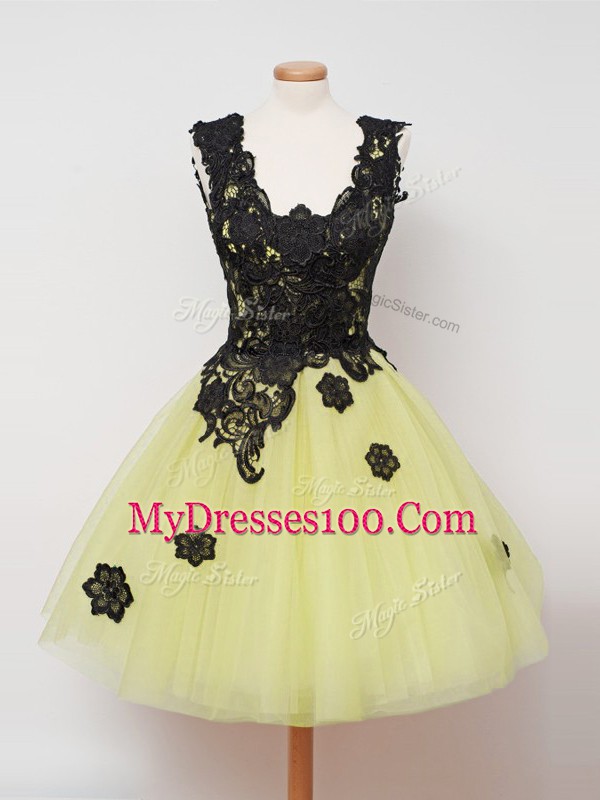 Most Popular Knee Length Zipper Vestidos de Damas Yellow for Prom and Party and Wedding Party with Lace