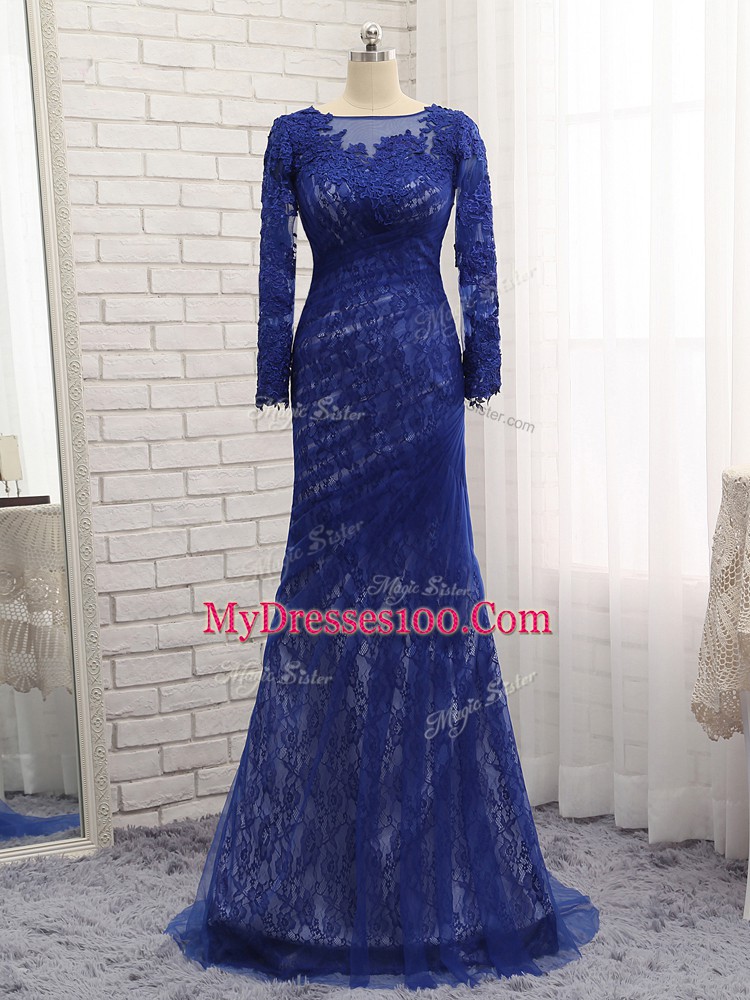 Amazing Blue Long Sleeves Lace Zipper Mother of Groom Dress