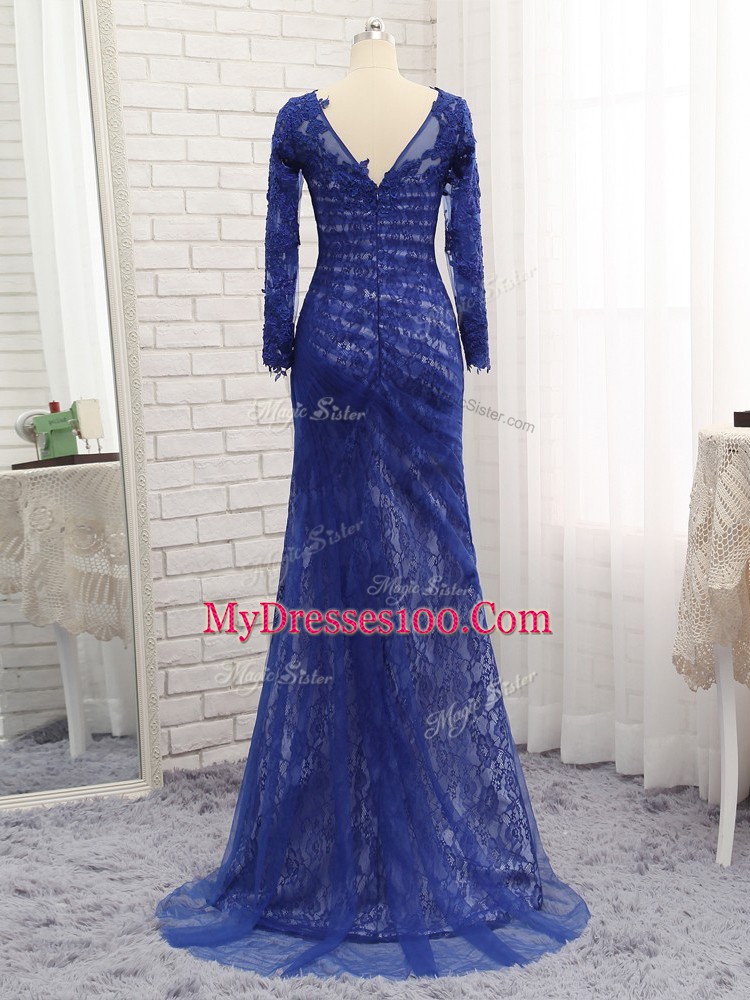 Amazing Blue Long Sleeves Lace Zipper Mother of Groom Dress