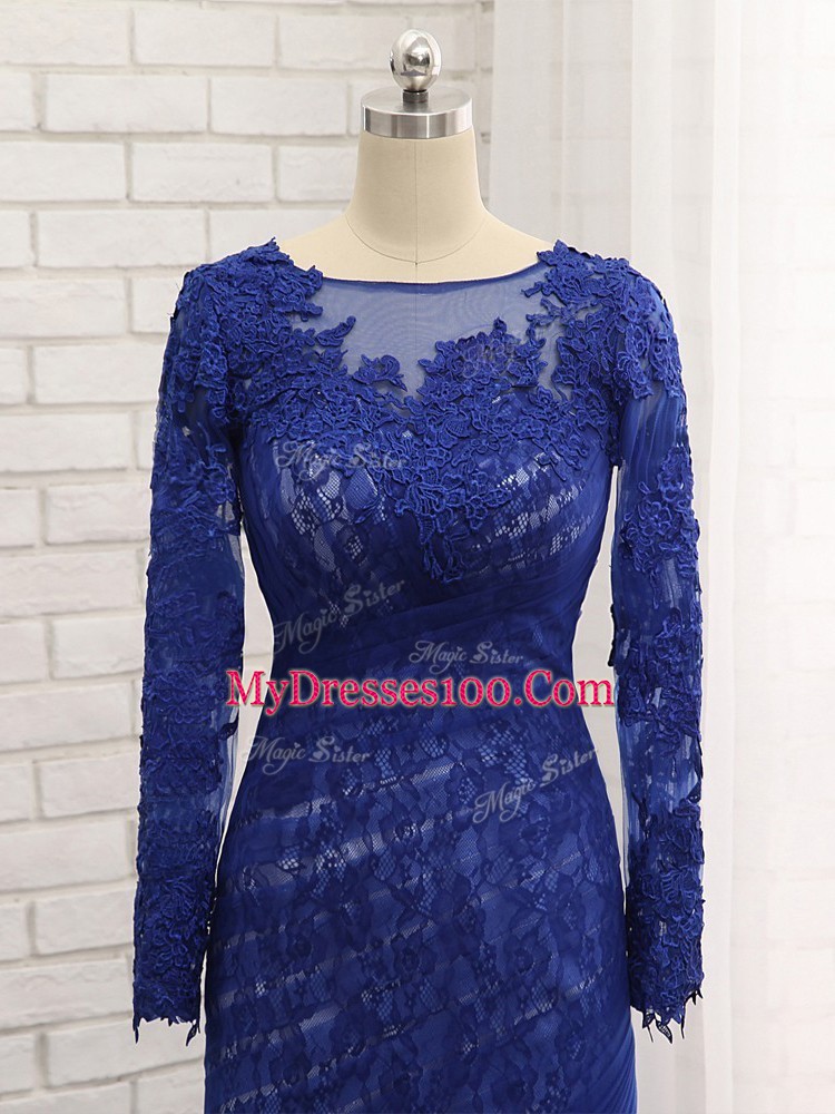 Amazing Blue Long Sleeves Lace Zipper Mother of Groom Dress