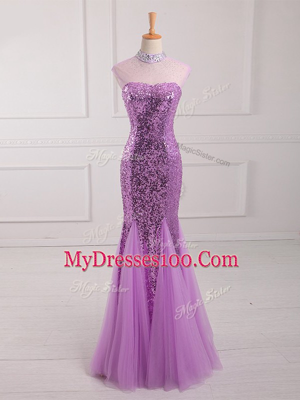 Smart Tulle and Sequined Sleeveless Floor Length Dress for Prom and Beading and Sequins