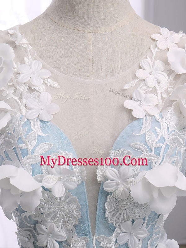 Light Blue Sweet 16 Dress Military Ball and Sweet 16 and Quinceanera with Appliques Scoop Sleeveless Court Train Lace Up