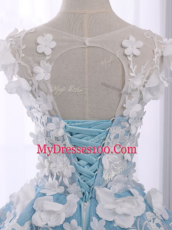 Light Blue Sweet 16 Dress Military Ball and Sweet 16 and Quinceanera with Appliques Scoop Sleeveless Court Train Lace Up