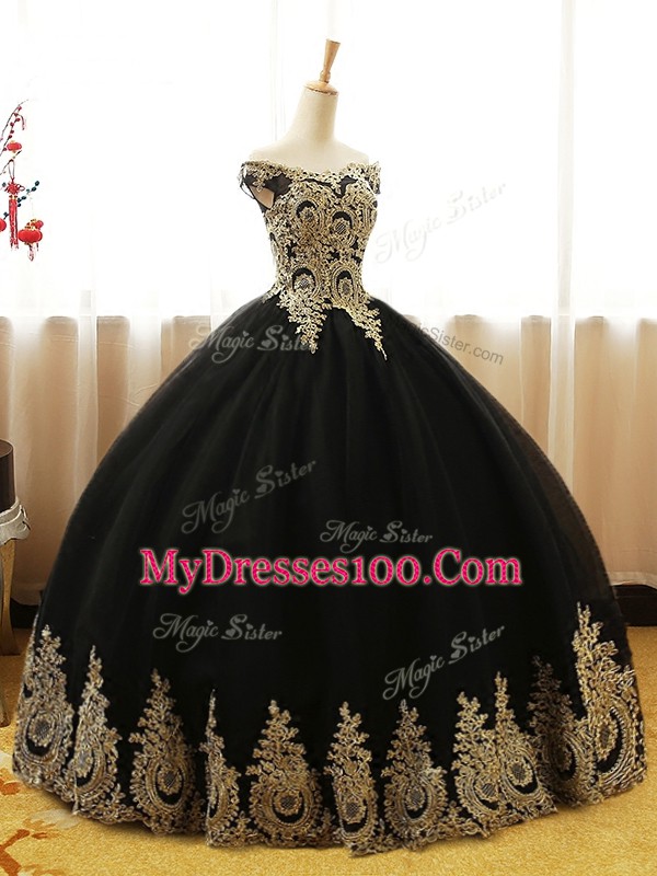 Customized Black Quinceanera Dresses Military Ball and Sweet 16 and Quinceanera with Appliques Off The Shoulder Sleeveless Lace Up