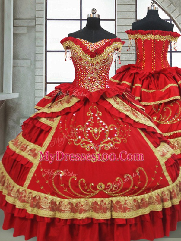 Red Cap Sleeves Beading and Embroidery and Ruffled Layers Floor Length 15 Quinceanera Dress