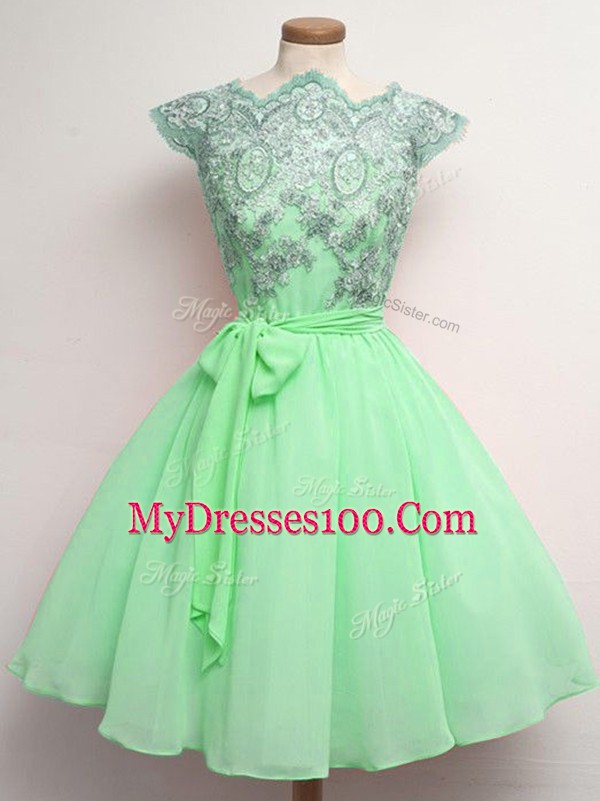 Sophisticated Knee Length Apple Green Dama Dress for Quinceanera Chiffon Cap Sleeves Lace and Belt