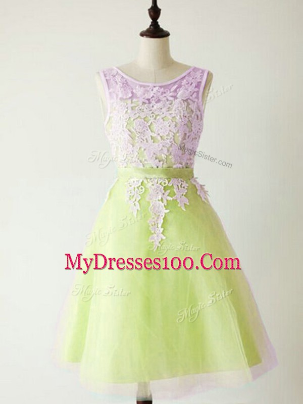 Free and Easy Lace Quinceanera Court of Honor Dress Yellow Green Lace Up Sleeveless Knee Length