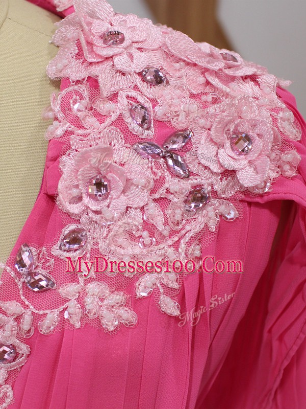 Hot Pink Empire Lace and Appliques and Pleated Dress for Prom Backless Chiffon Half Sleeves