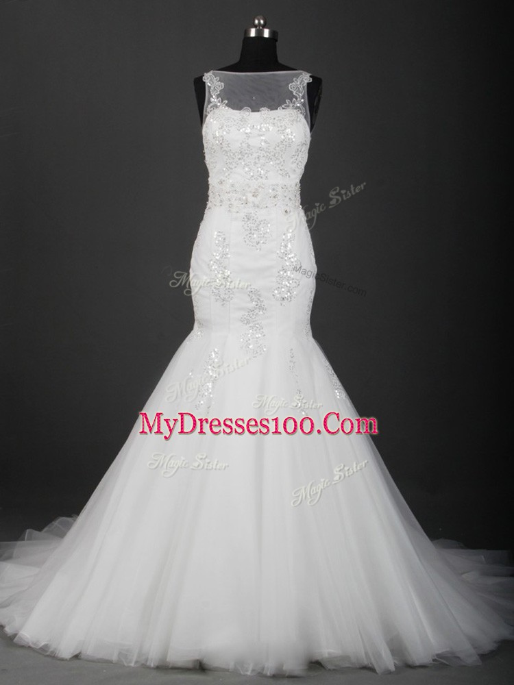 Sexy Mermaid Sleeveless White Wedding Dress Brush Train Zipper