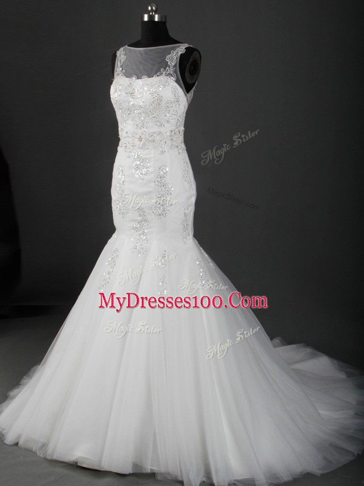 Sexy Mermaid Sleeveless White Wedding Dress Brush Train Zipper