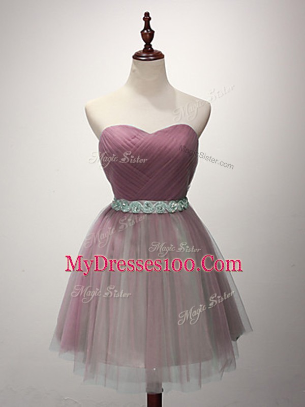 Beading and Ruching Dama Dress Pink Lace Up Sleeveless Mini Length