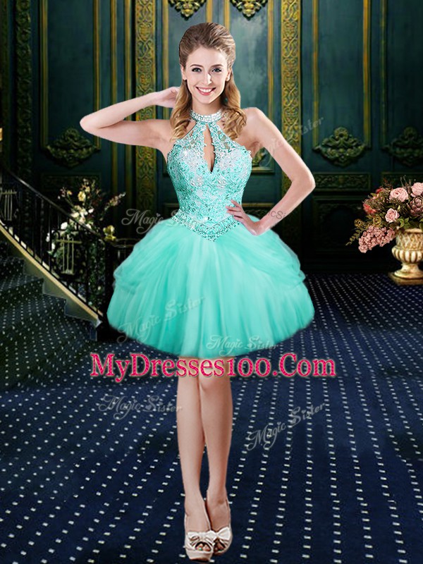 Glittering Aqua Blue Tulle Lace Up Halter Top Sleeveless Floor Length Quinceanera Dress Beading and Pick Ups