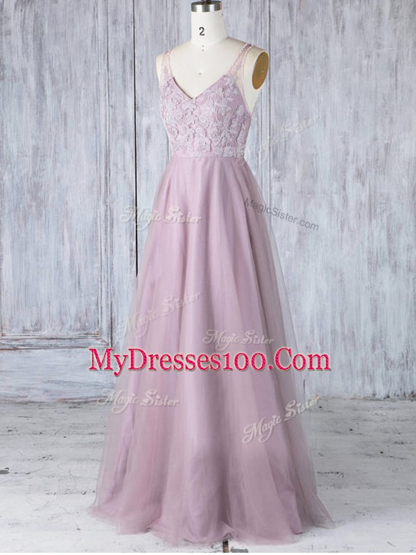 Pink Empire Lace Wedding Guest Dresses Clasp Handle Tulle Sleeveless Floor Length