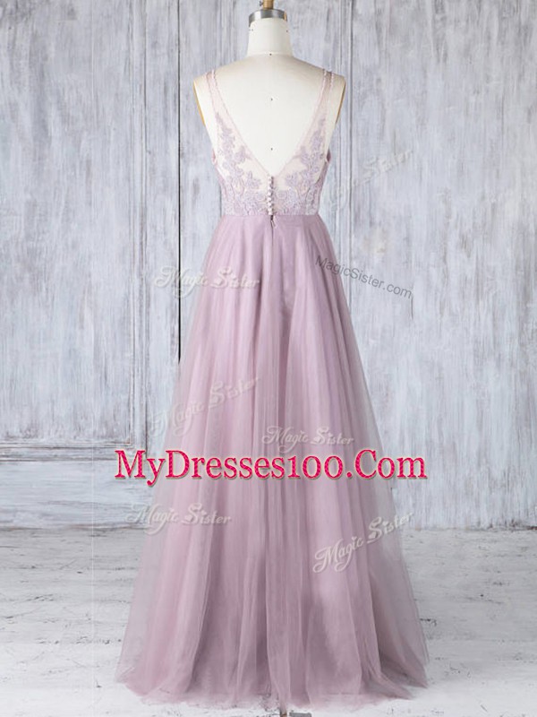 Pink Empire Lace Wedding Guest Dresses Clasp Handle Tulle Sleeveless Floor Length