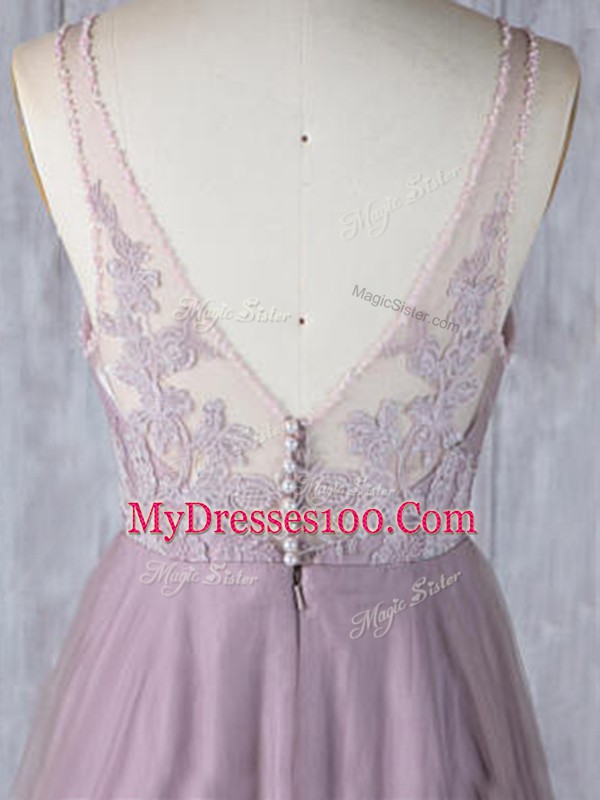 Pink Empire Lace Wedding Guest Dresses Clasp Handle Tulle Sleeveless Floor Length