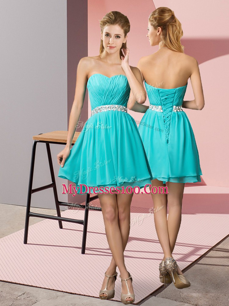 Mini Length Aqua Blue Dress for Prom Chiffon Sleeveless Beading