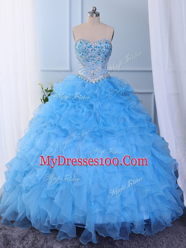 Baby Blue Sleeveless Organza Lace Up Quinceanera Gown for Prom and Party and Military Ball and Sweet 16 and Quinceanera