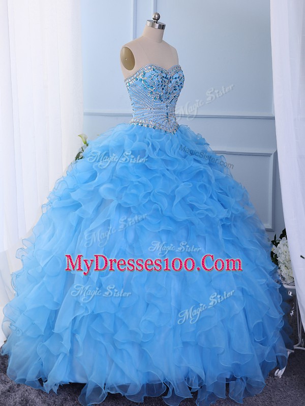 Baby Blue Sleeveless Organza Lace Up Quinceanera Gown for Prom and Party and Military Ball and Sweet 16 and Quinceanera