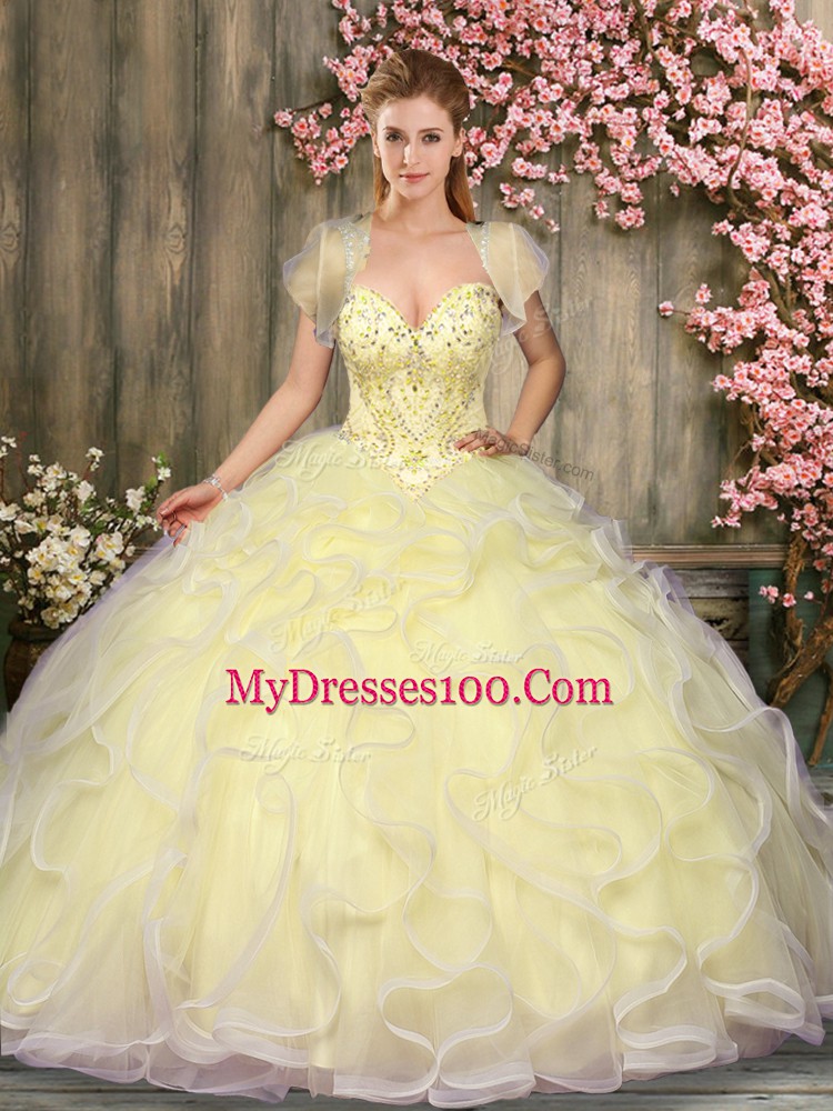 Fantastic Tulle Sweetheart Sleeveless Lace Up Beading and Ruffles Ball Gown Prom Dress in Light Yellow