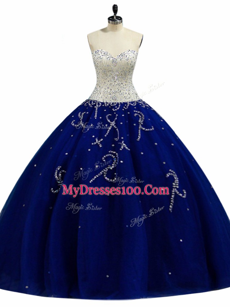 Customized Sweetheart Sleeveless 15th Birthday Dress Floor Length Beading Royal Blue Tulle