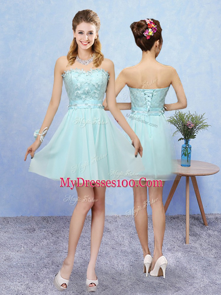 Sleeveless Mini Length Appliques Lace Up Court Dresses for Sweet 16 with Aqua Blue