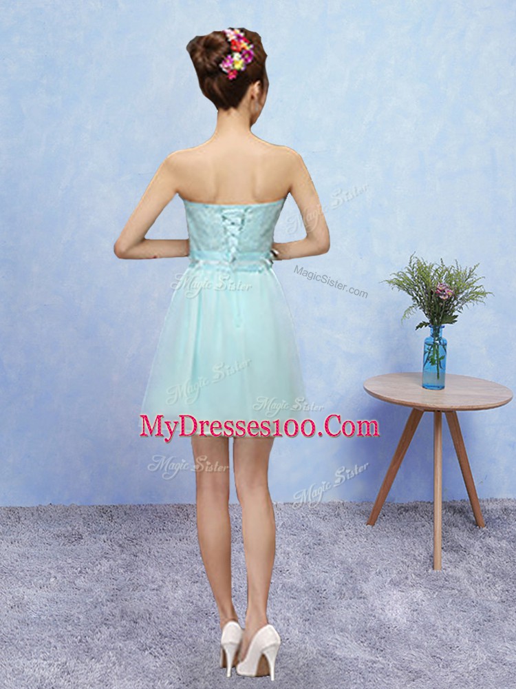 Sleeveless Mini Length Appliques Lace Up Court Dresses for Sweet 16 with Aqua Blue