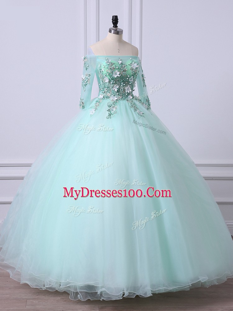 Off The Shoulder 3 4 Length Sleeve Tulle Quinceanera Dress with Jewelry Beading Lace Up