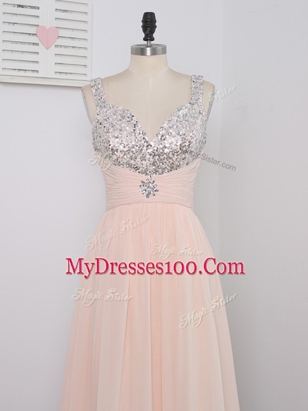 Peach Sleeveless Chiffon Zipper Prom Dress for Prom and Party and Military Ball