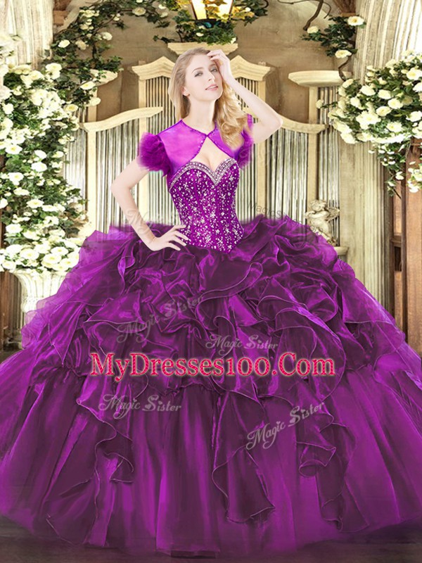 Fashionable Purple Sweetheart Lace Up Beading and Ruffles Quinceanera Gown Sleeveless