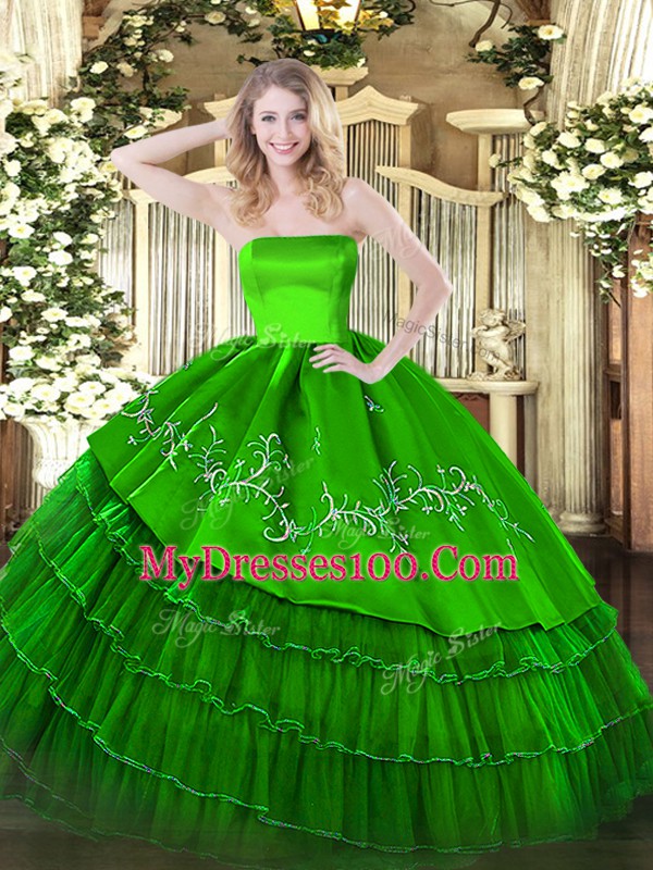 Green Zipper Ball Gown Prom Dress Embroidery and Ruffled Layers Sleeveless Floor Length