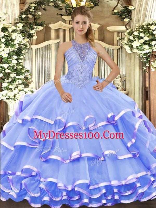 Organza Halter Top Sleeveless Lace Up Beading and Ruffled Layers Ball Gown Prom Dress in Blue