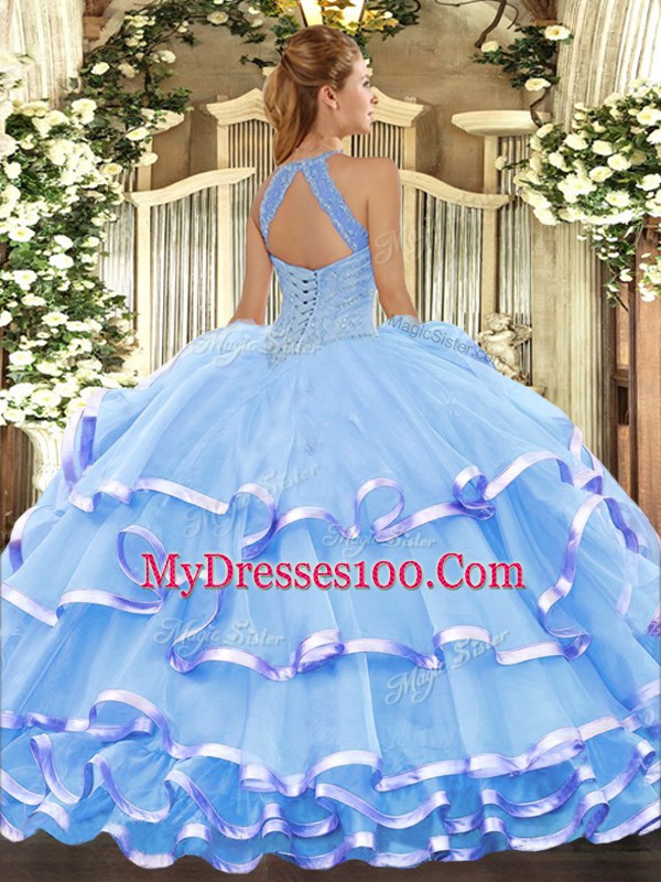 Organza Halter Top Sleeveless Lace Up Beading and Ruffled Layers Ball Gown Prom Dress in Blue