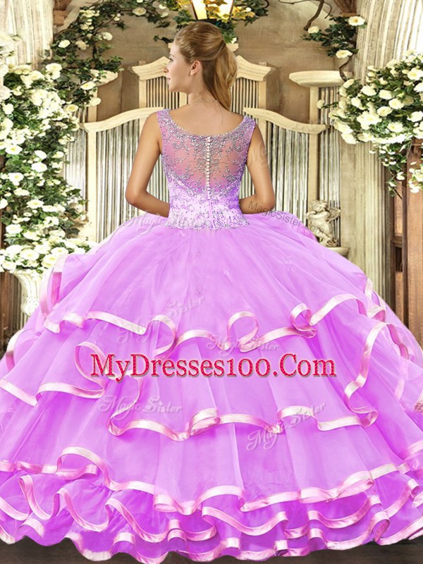 Extravagant Lilac Sleeveless Beading and Ruffled Layers Floor Length Quinceanera Dress