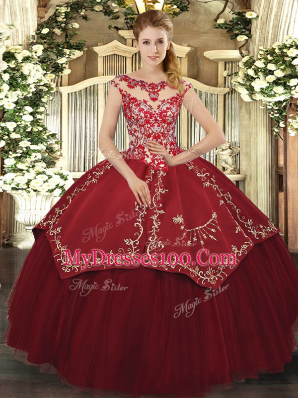 Simple Cap Sleeves Lace Up Floor Length Beading and Appliques and Embroidery 15th Birthday Dress