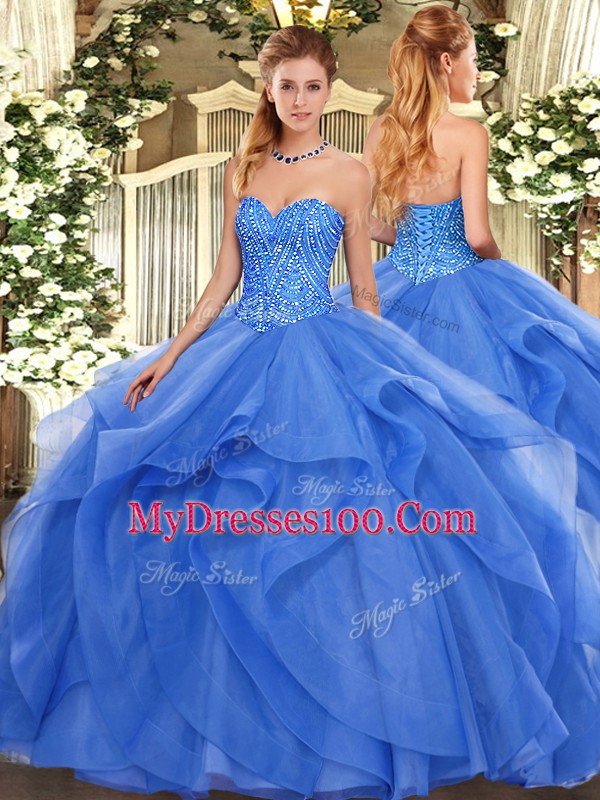 Blue Sweetheart Lace Up Beading and Ruffles Quince Ball Gowns Sleeveless