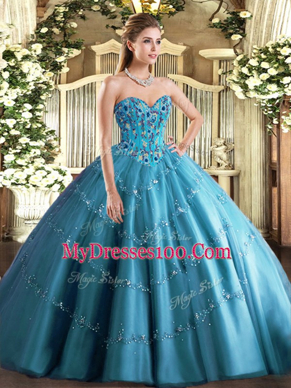 Sumptuous Teal Sleeveless Tulle Lace Up Sweet 16 Quinceanera Dress for Military Ball and Sweet 16 and Quinceanera