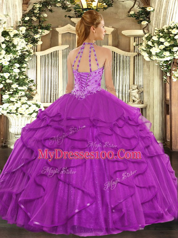 Popular Halter Top Sleeveless Lace Up Sweet 16 Dress Fuchsia Tulle