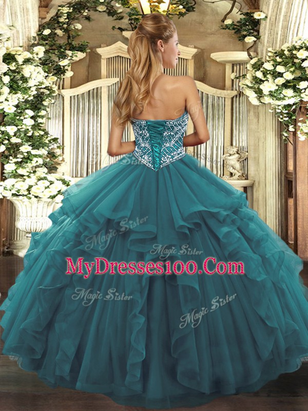 Turquoise Sleeveless Floor Length Beading and Ruffles Lace Up Quinceanera Gowns