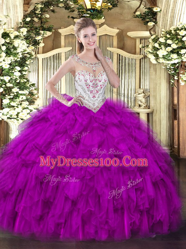 Flare Fuchsia Sleeveless Tulle Zipper Sweet 16 Quinceanera Dress for Military Ball and Sweet 16 and Quinceanera