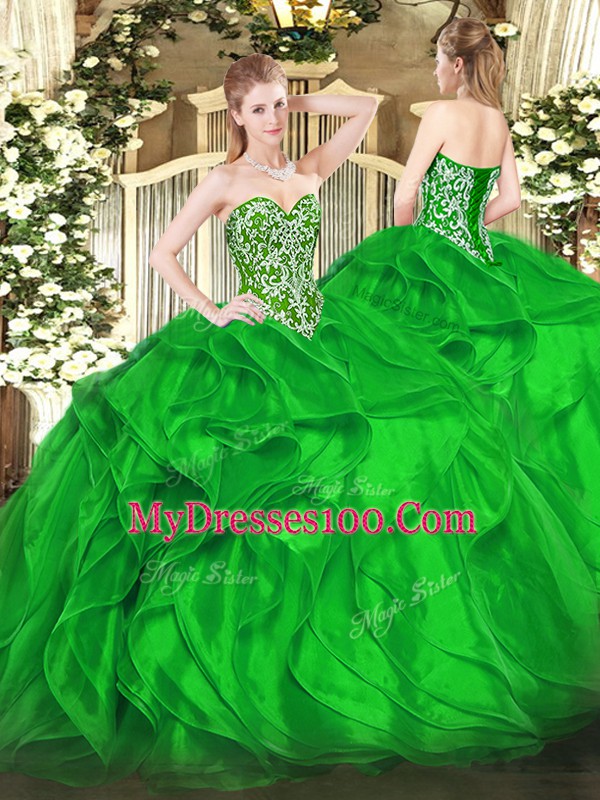 Green Lace Up Sweetheart Beading and Ruffles Sweet 16 Dresses Organza Sleeveless