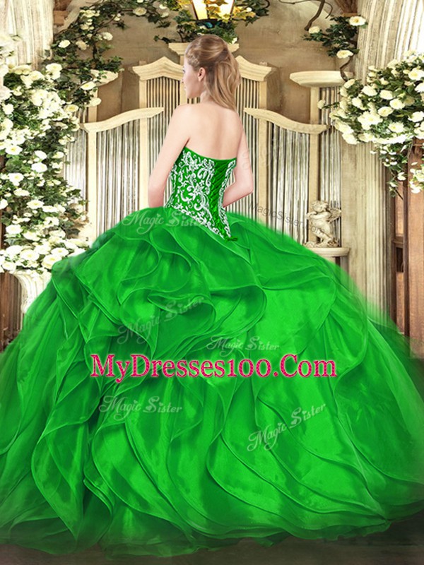 Green Lace Up Sweetheart Beading and Ruffles Sweet 16 Dresses Organza Sleeveless