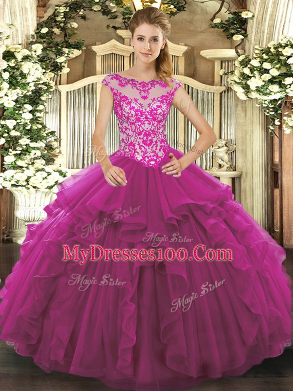 Fuchsia Sleeveless Organza Lace Up Quinceanera Dresses for Military Ball and Sweet 16 and Quinceanera