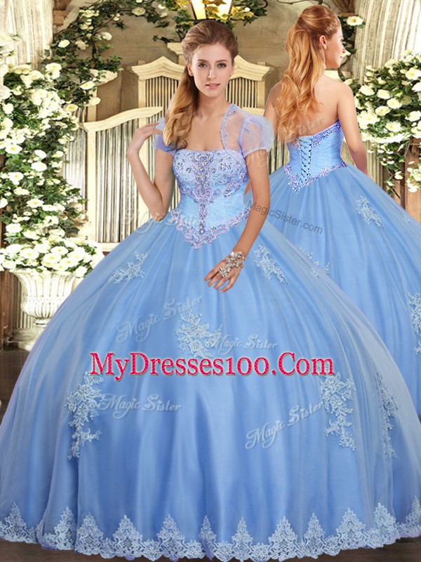 Perfect Floor Length Light Blue Quince Ball Gowns Strapless Sleeveless Lace Up