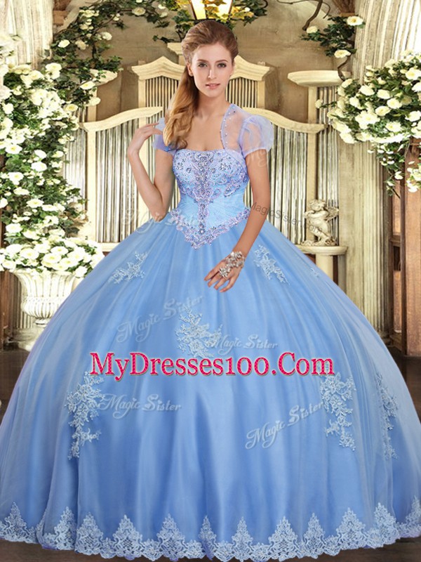 Perfect Floor Length Light Blue Quince Ball Gowns Strapless Sleeveless Lace Up