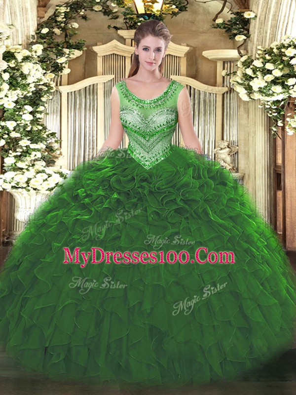 Beautiful Green Ball Gowns Scoop Sleeveless Organza Floor Length Lace Up Beading and Ruffles Sweet 16 Quinceanera Dress