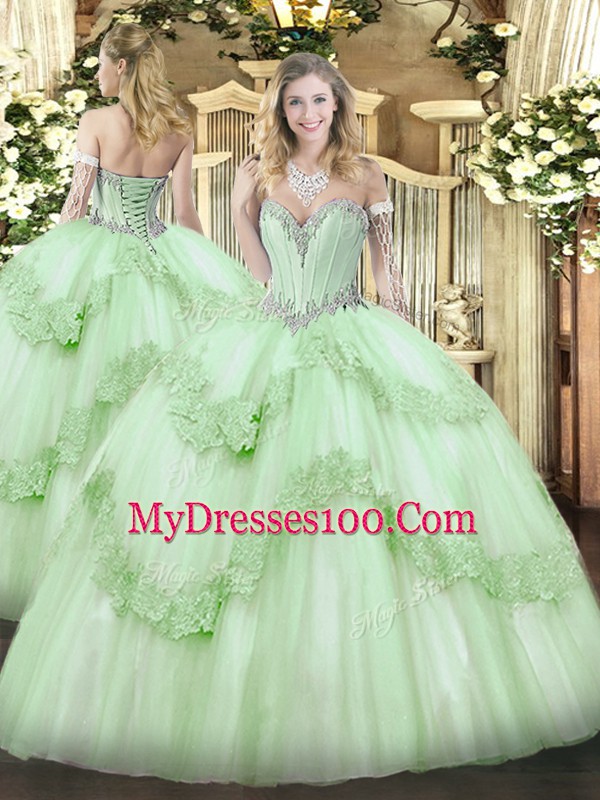 Modest Apple Green Sleeveless Beading and Appliques Floor Length Ball Gown Prom Dress